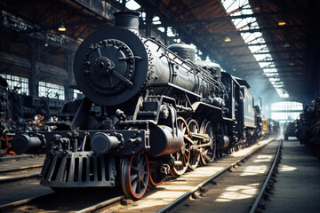 Fototapeta na wymiar Old black steam locomotive engine train in a hangar