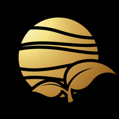 Gold Abstract Icon of Leaves Over a Striped Circle