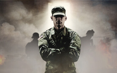 Man, soldier or hero in war with smoke in explosion, team or shadows in overlay for mockup....