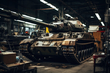 Heavy military tank in modern hangar