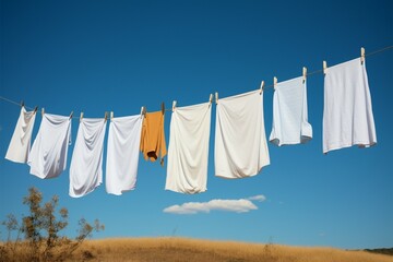 Clothes on a line dance in the wind, drying naturally - obrazy, fototapety, plakaty