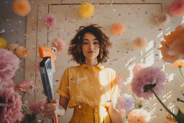 Beautiful portrait of redhead girl posing in an autumn home setting holding tool. Flying pastel flowers and confetti. Fall season fashion yellow shirt outfit and style. Creative pastel background. - obrazy, fototapety, plakaty