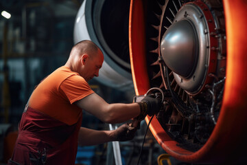 Mechanics inspecting and repairing  jet engine. Maintenance at aircraft hangar.Jet engine maintenance and change part by aircraft technician .  - obrazy, fototapety, plakaty