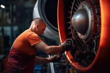 Foto op Aluminium Mechanics inspecting and repairing  jet engine. Maintenance at aircraft hangar.Jet engine maintenance and change part by aircraft technician .  © pilipphoto