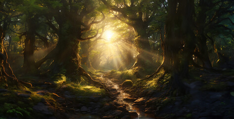 sunlight through the forest, a mysterious forest clearing with ancient tree hd wallpaper