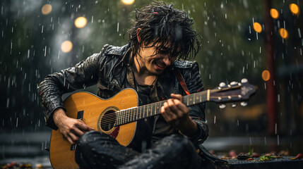 Obraz premium Rainy Serenade: Happy Musician Plays Guitar in the Rain