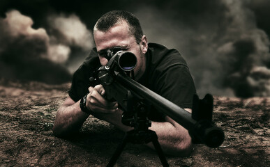 Man, soldier or sniper in position for war, battlefield and enemy in overlay with explosion. Male,...