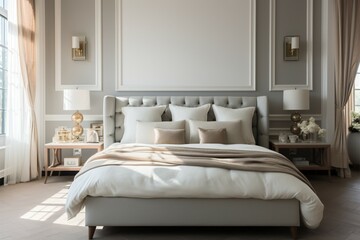 Elegant classic bedroom with a large, inviting double bed at home