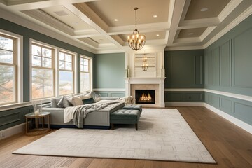Elegantly designed master bedroom features wainscoting, crown molding, and coffered ceiling
