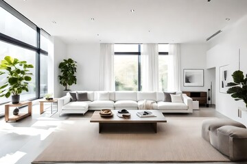 modern living room with furniture, A modern minimalist home design, characterized by clean lines, open spaces, and a monochromatic color palette