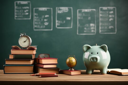 Green chalkboard serves as the backdrop for books and a piggy bank