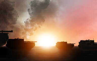 War, military tank silhouette and sunrise on battlefield with conflict, vehicle and politics with...