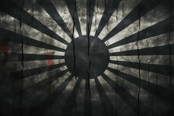 Japans flag in stark black against a textured, dark concrete backdrop