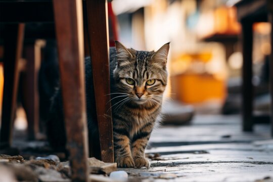 In the local market, a stray cat explores its surroundings