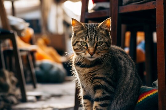In the local market, a stray cat explores its surroundings