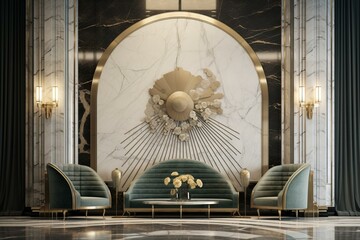 An art deco style interior with a marble wall. Generative AI