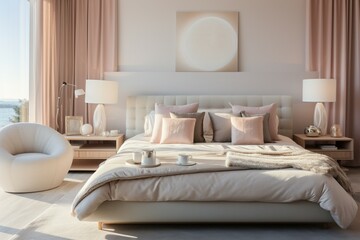 Fototapeta na wymiar Serene bedroom adorned in soft hues, featuring a spacious double bed