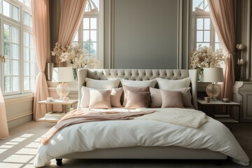 Soft color palette graces an elegant, classic bedroom with a double bed