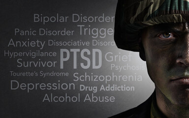 Soldier portrait, words and overlay with anxiety, PTSD and psychology text of a veteran and man....