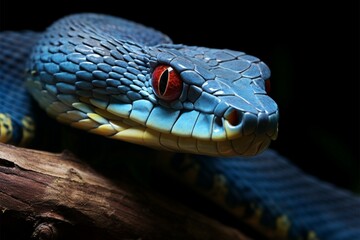 The captivating, altered visage of a blue viper snake up close