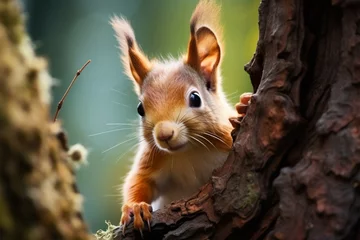 Fotobehang The inquisitive red squirrel undergoes a fascinating transformation behind a tree © Jawed Gfx