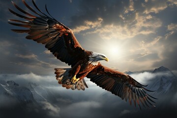 Obraz premium Transcendent flight eagle above clouds, a sublime transformation unfolds