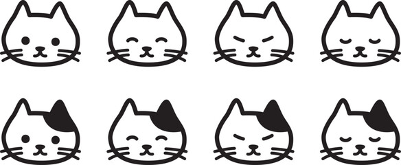 モノクロのネコ顔のベクターイラストセット