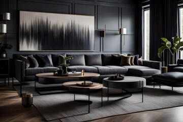 Fototapeta na wymiar interior of a lounge, A moody modern living room with sleek, minimalist furniture in shades of gray and black