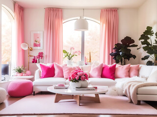 Beautiful cozy bright modern living room with white sofa and pink decor.