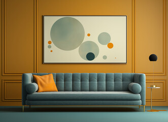 sofa, blue-green wall art in a yellow room with blue-green