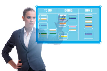 Businesswoman working on kanban board with tasks