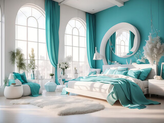 Beautiful cozy white modern bedroom interior with turquoise decor