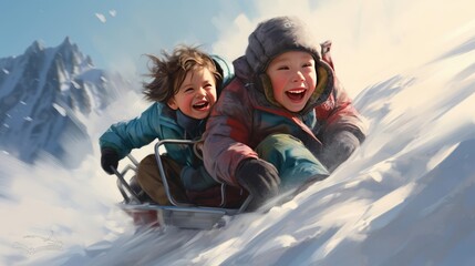 Children are sledding down the snowy slope - obrazy, fototapety, plakaty