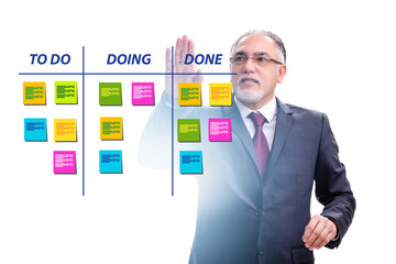 Businessman working on kanban board with tasks