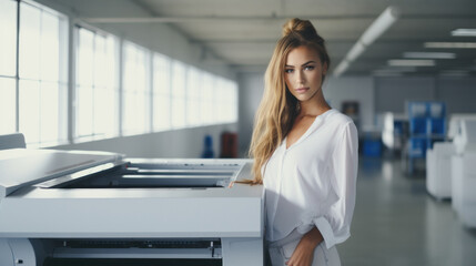 Portrait of positive woman printshop worker holding rolled pieces of paper and looking at camera.