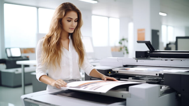 Woman using printer while working in print shop. Female printshop worker using printing device.