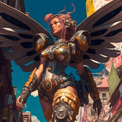 A cinamatic scene of an a beautiful armored female angel ascending upon a busy city during a bright sunny day maximalist vibrant colors ultra detailed insane detail focused UHD HDR 16k 