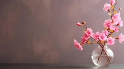 Glass vase with pink blossoms flowers on minimalistic background