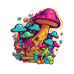 Clip art, sticker colorful illustration of a trippy magic mushroom, on a white background.