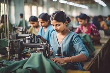 Indian female coworkers dressed in saris operating equipment producing spools in textile factory - obrazy, fototapety, plakaty