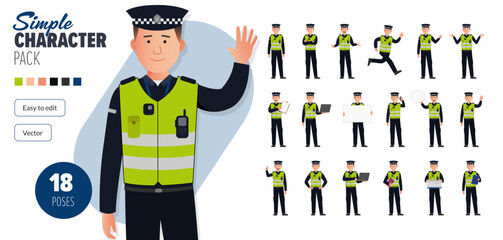 Simple flat 2d police man officer vector character in a set of multiple poses. Easy to edit and isolated on a white background. Modern trendy style character mega pack with lots of poses.