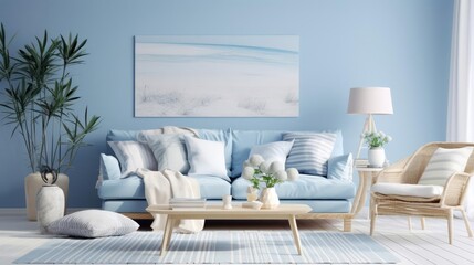 living room in blue with white furniture and a plants