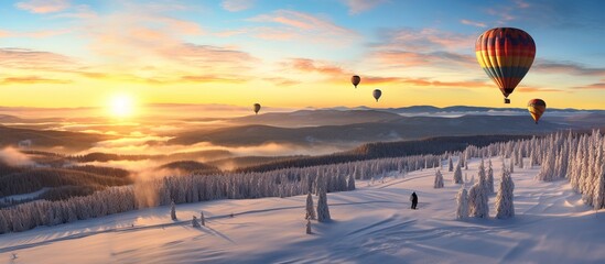 Panoramic view of hot air balloon over winter spruce tree landscape at sunset