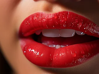 Fotobehang Wunderschöne feuchte sexy rote Lippen einer Frau mit Zähne Nahaufnahme, ai generativ © www.freund-foto.de