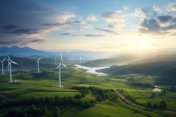 Wind farm or high wind turbine park for electric power. Green Energy. Generative AI