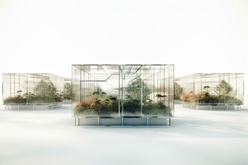 Multiple glasshouses on ground, shown in 3D illustration isolated on white. Generative AI