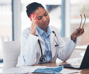 Woman, doctor or headache at desk or medicine burnout at hospital, mental health stress or tired....