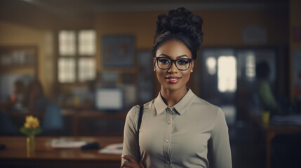 Portrait smart confident smiling millennial woman standing with folded arms in classroom. Attractive young afro american tutor looking at camera.