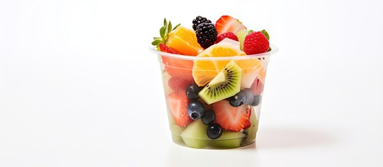 Fruit salad cup on white background with copyspace for text