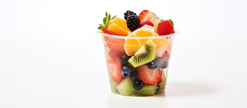 Fruit salad cup on white background with copyspace for text